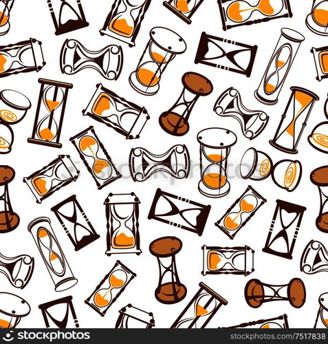 Flow of time background for time concept design with seamless pattern of abstract modern hourglasses and vintage wooden sandglasses with brown and yellow sand. Abstract hourglasses seamless pattern background