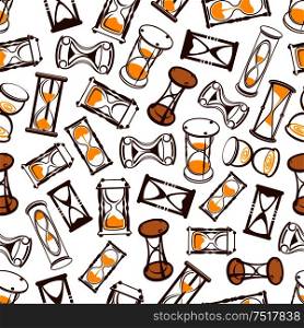 Flow of time background for time concept design with seamless pattern of abstract modern hourglasses and vintage wooden sandglasses with brown and yellow sand. Abstract hourglasses seamless pattern background