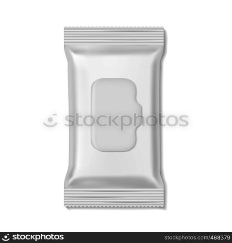 Flow pack. Wet wipes packs hygiene medicine pharmacy beauty empty mockup, snack biscuit candy realistic wrap. White clean box template vector isolated. Flow pack. Wet wipes packs hygiene medicine pharmacy beauty empty mockup, snack biscuit candy realistic wrap template vector isolated