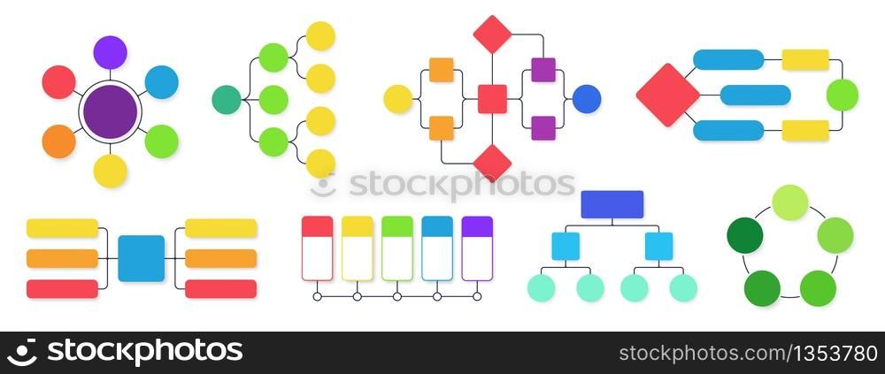 Flowchart diagram. Workflow flow charts, business structural infographics chart and flowing diagrams isolated vector set. Business hierarchy structure, diagram and flowchart organizational. Flowchart diagram. Workflow flow charts, business structural infographics chart and flowing diagrams isolated vector set