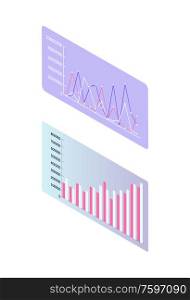Flowcharts and infographics on screens vector. Isolated isometric 3d icons, statistics on business project on monitor, table with schemes and info. Statistic and Infographics on Screen, Numeric Data