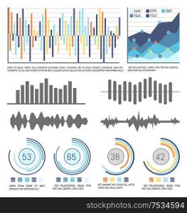 Flowcharts and infographics with data, visual info presentation vector. Templates of business charts and pie diagrams with numbers and figures schemes. Flowcharts and Infographics with Data Visual Info