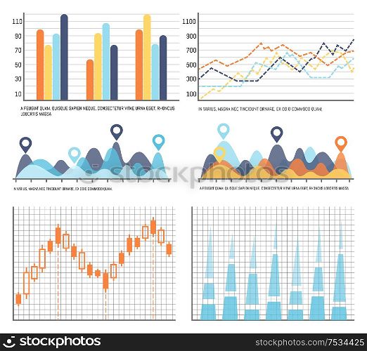 Flowcharts, business diagrams and charts info vector. Editable data of analysis and statistics of project. Numeric information with schemes and scales. Flowcharts, Business Diagrams and Charts Info