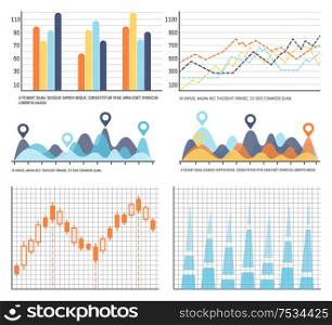 Flowcharts, business diagrams and charts info vector. Editable data of analysis and statistics of project. Numeric information with schemes and scales. Flowcharts, Business Diagrams and Charts Info