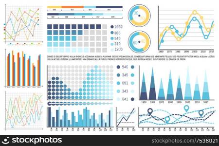 Flowcharts structures, organization, of visual data vector. Schemes and pie diagrams, with sectors and explanation. Text numeric business information. Flowcharts Structures, Organisation of Visual Data
