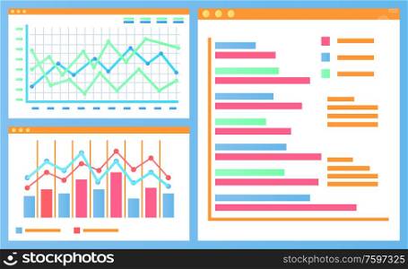 Flowcharts with explanations vector, statistics and infographic with lines, report on project, growing infographics. Editable info in visual form. Statistics and Data in Visual Representation Set