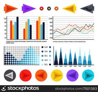 Flowcharts with visualized data and timelines vector. Schemes diagrams with pointers and lines, schemes charts presenting analyzed information results. Flowcharts with Visualized Data and Timelines