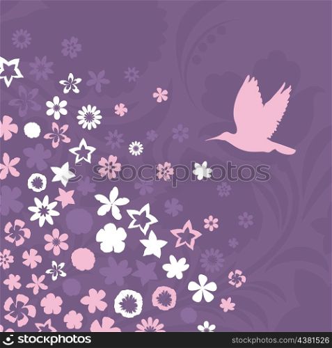 Flower a background5. The bird flies up to pink flowers. A vector illustration