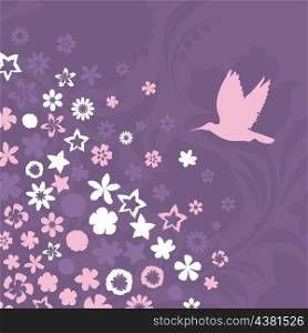 Flower a background5. The bird flies up to pink flowers. A vector illustration
