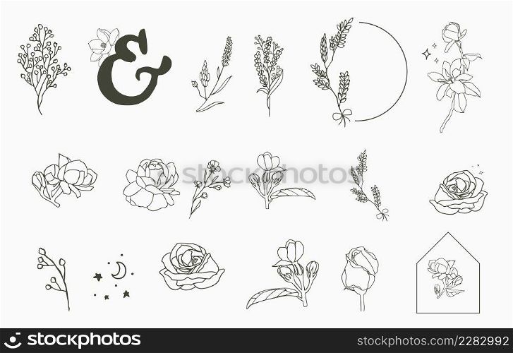 flower and hand outline element collection in simple style