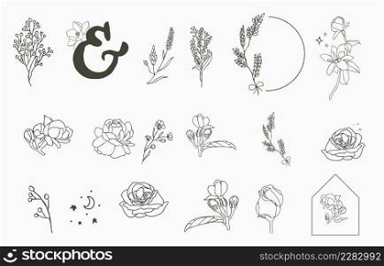 flower and hand outline element collection in simple style