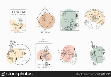 flower and hand outline element collection in simple style with square and circle shape