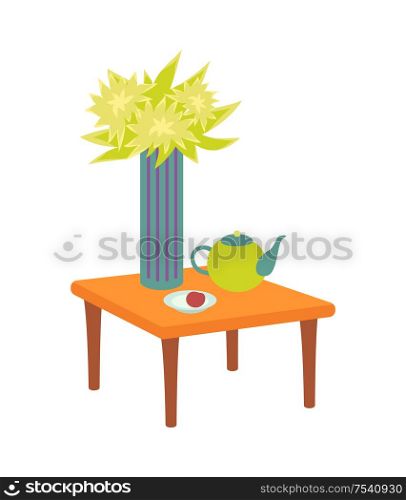 Flower and teapot with plate on table set isolated vector. Drink beverage tea poured in container. Plant in vase flourishing blooming greenery in pot. Flower and Teapot with Plate on Table Set Vector