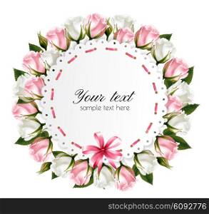 Flower background made out of pink and white flowers with a pink ribbon. Vector.