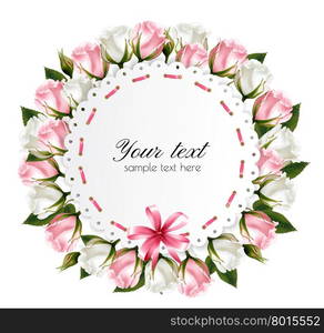 Flower background made out of pink and white flowers with a pink ribbon. Vector.