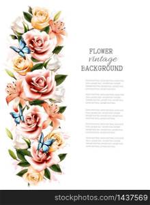Flower background with beautiful roses and butterflies. Vector.