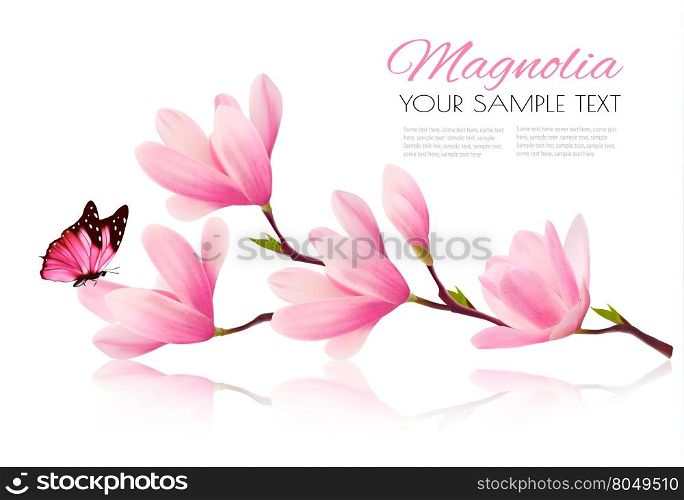 Flower background with blossom branch of pink magnolia and butterfly. Vecto
