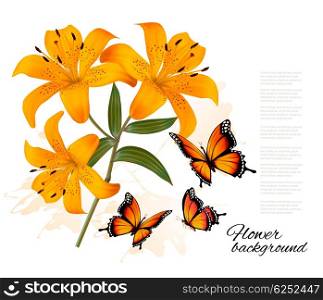 Flower Background With Three Beautiful Lilies and Butterflies. Vector.