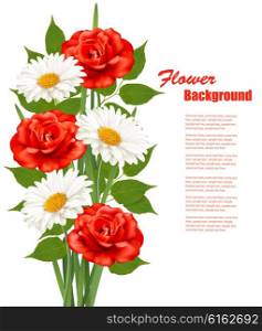 Flower Background With White Daisy and Red Roses. Vector illustration