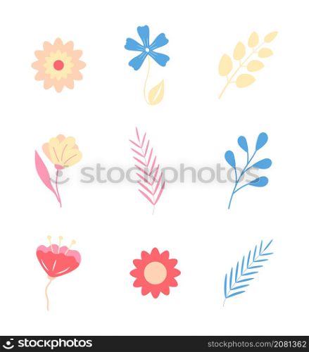 Flower, bell, cornflowers vector set. Branches with leaves in a flat style. Logo nature, wild plants illustration for Easter, spring holidays. Flower, bell, cornflowers vector set. Branches with leaves in a flat style. Logo nature, wild plants illustration for