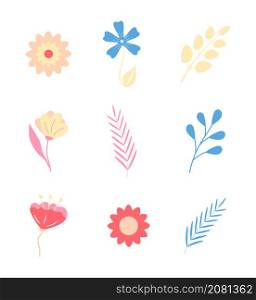 Flower, bell, cornflowers vector set. Branches with leaves in a flat style. Logo nature, wild plants illustration for Easter, spring holidays. Flower, bell, cornflowers vector set. Branches with leaves in a flat style. Logo nature, wild plants illustration for