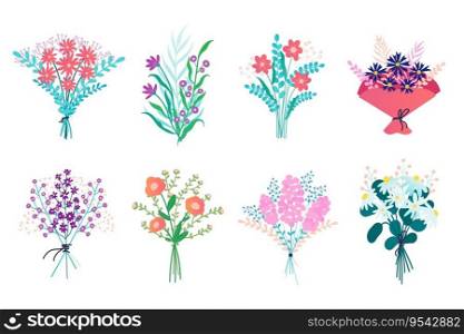Flower bouquet. Cartoon bunch of floral decorative elements, blooming plants with leaves and flowers for floral birthday card. Vector isolated set. Romantic botanical composition with wildflowers. Flower bouquet. Cartoon bunch of floral decorative elements, blooming plants with leaves and flowers for floral birthday card. Vector isolated set