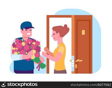 Flower bouquet delivery. Courier hands blossoms to woman. Floral present shipment service. Romantic gift. Order shipping. Deliveryman with blooms bunch. Happy female on home doorstep. Vector concept. Flower bouquet delivery. Courier hands blossoms to woman. Floral shipment service. Romantic gift. Order shipping. Deliveryman with blooms bunch. Female on home doorstep. Vector concept