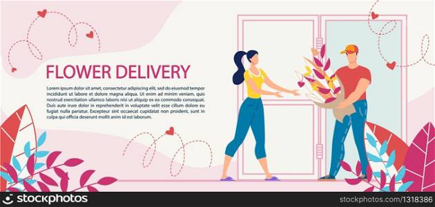 Flower Bouquet Delivery Service Advertisement. Woman Receiving Blooming Plants in Wrapping from Man Courier Worker. Congratulation with International Women Day, Birthday, Anniversary. Ecommerce. Flower Bouquet Delivery Service Advertisement