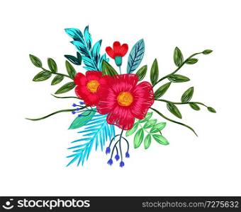 Flower bouquet drawing by color pencils vector illustration isolated on white background. Pink blooming flowers and green leaves with blue branches. Flower Bouquet Drawing by Color Pencils Vector