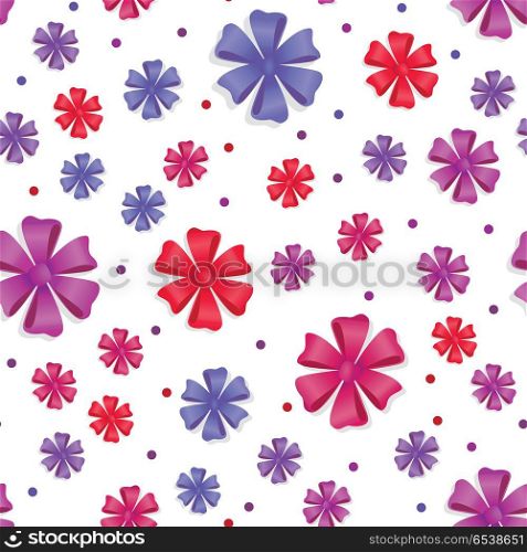 Flower Bows Seamless Pattern. Cute Bright Bowknots. Flower bows seamless pattern. Pussy bright bow knots isolated on white. Gift knot of ribbons endless texture. Overwhelming bow without ends decorative element. Flat style, Vector cassical bows
