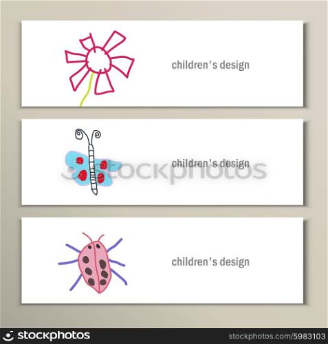 Flower, butterfly, ladybug. Beautiful vector children drawings.