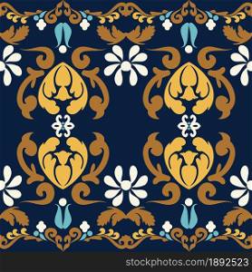 Flower decorative ornament. Floral seamless pattern. Blue yellow color. Vector graphic vintage pattern. For fabric, tile, wallpaper or packaging.