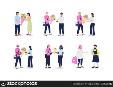 Flower delivery couriers with customers flat color vector detailed and faceless character set. Receive bouquet isolated cartoon illustration for web graphic design and animation collection. Flower delivery couriers with customers flat color vector detailed and faceless character set