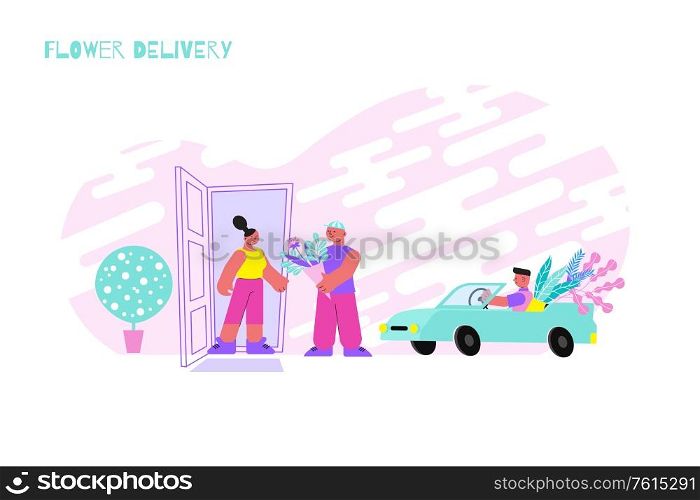 Flower delivery flat composition with text and images of opened door and delivery guys with car vector illustration