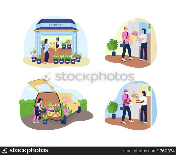 Flower delivery service 2D vector web banner, poster set. Courier in mask, woman at shop counter flat character on cartoon background. Florist business printable patch, colorful web element collection. Flower delivery service 2D vector web banner, poster set