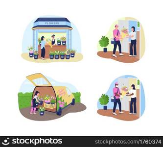 Flower delivery service 2D vector web banner, poster set. Courier in mask, woman at shop counter flat character on cartoon background. Florist business printable patch, colorful web element collection. Flower delivery service 2D vector web banner, poster set