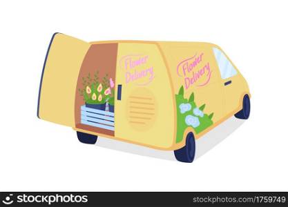 Flower delivery van with open trunk flat color vector object. Vehicle for shipping. Bouquets in automobile for courier service isolated cartoon illustration for web graphic design and animation. Flower delivery van with open trunk flat color vector object