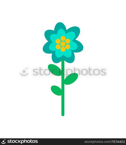 Flower doodle in blue and yellow color. Vector isolated blooming bud with green leaves and stem, botanical icon, flora element, romantic spring blossom. Flower Doodle in Blue and Yellow Color Vector Icon