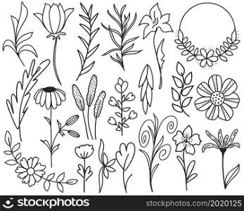 Flower doodle set vector illustration. Collection of isolated botanical elements for design cards and invitations. Floral and leafy decorations hand drawn graphics. Flower doodle set vector illustration