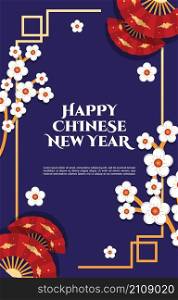 Flower Fan Happy Chinese New Year Celebration Blue Greeting Card