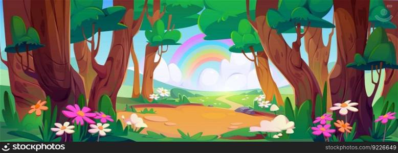 Flower field in spring with rainbow in forest cartoon vector landscape. Green grass hill nature valley park with meadow. Beautiful and cute panoramic flora springtime and sunlight banner backdrop. Flower field in spring rainbow forest landscape