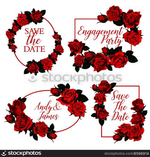 Flower frame for wedding ceremony, save the date and engagement party invitation design. Red rose flower bouquet card of summer flowering plant, floral bud and green leaf with copy space in center. Red rose flower frame of wedding invitation design