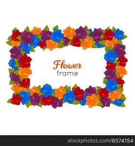 Flower frame. Rectangular wreath of different blossoms. Leaves. Colourful selection of flowers on white. Blue purple yellow red roses. Decoration. Accessory for women. Cartoon design in flat. Vector. Rectangular Wreath of Different Blossoms. Vector