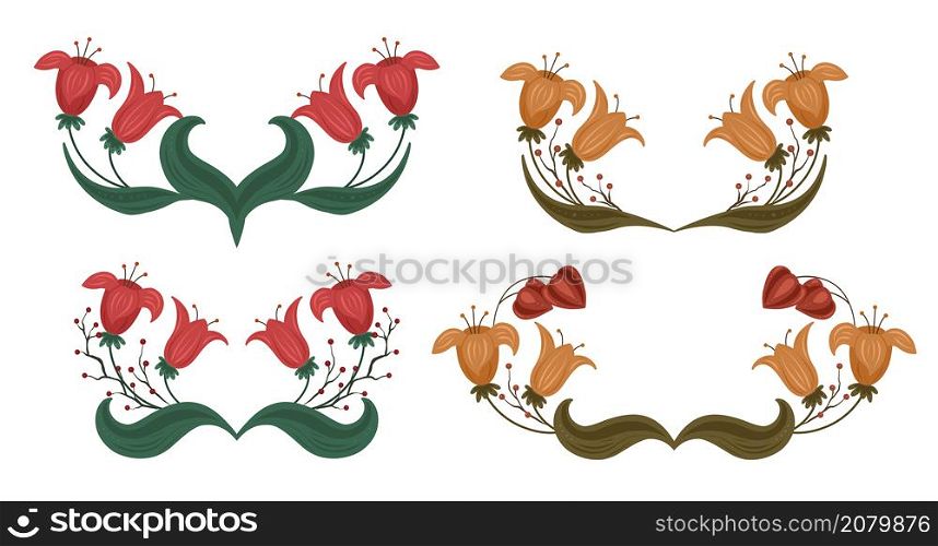 Flower frame set with berries, stems and physalis. Colorful crown with ornament. Vector floral template with bouquets wreath for card and invitation. Flower frame set with berries, stems and physalis. Colorful crown with ornament. Vector floral template with bouquets wreath
