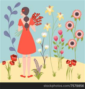 Flower girl in red preparing bouquet for wedding ceremony against exotic blooming plants background flat vector illustration