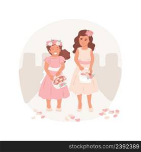 Flower girl isolated cartoon vector illustration. Little cute girls in dresses holding baskets with flowers, junior bridesmaid, getting married, wedding ceremony tradition vector cartoon.. Flower girl isolated cartoon vector illustration.