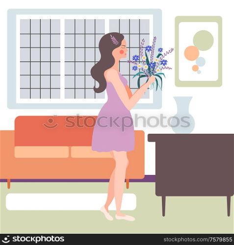 Flower girl setting bunch of delicate blooming pants in vase flat composition with interior background vector illustration