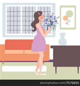 Flower girl setting bunch of delicate blooming pants in vase flat composition with interior background vector illustration