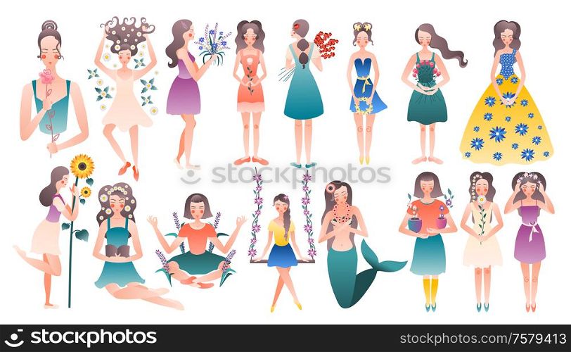 Flower girls 2 rows set with young ladies holding decorated and surrounded with blooming plants vector illustration