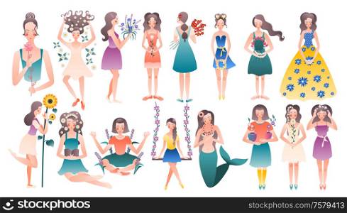 Flower girls 2 rows set with young ladies holding decorated and surrounded with blooming plants vector illustration